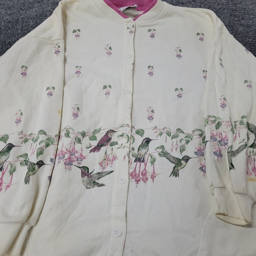Artisans Cardigan Womens XL Cream Hummingbird Floral USA Stains Vintage Fleece